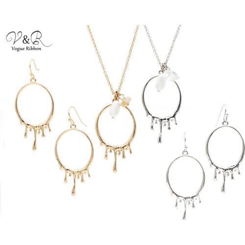 2020 New Arrival Earring and Necklace Sets Gold/Rhodium Plated Liquid Melting Metal Pendent Necklace And Earring Girls Jewelry