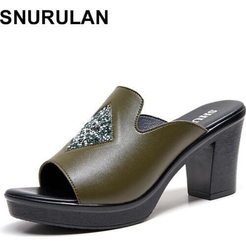 SNURULAN 2020 women slippers ladies summer slippers shoes women high heels fashion rhinestone summer shoes genuine leather