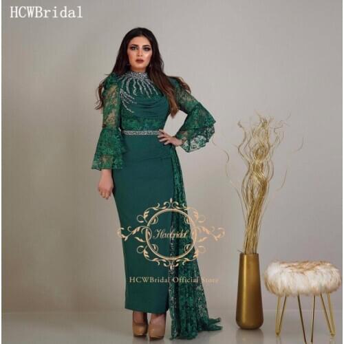 Dark Green Elegant Evening Dress Silver Crystals Lace Sheath Wedding Party Gowns Long Flared Sleeves Evening Dresses
