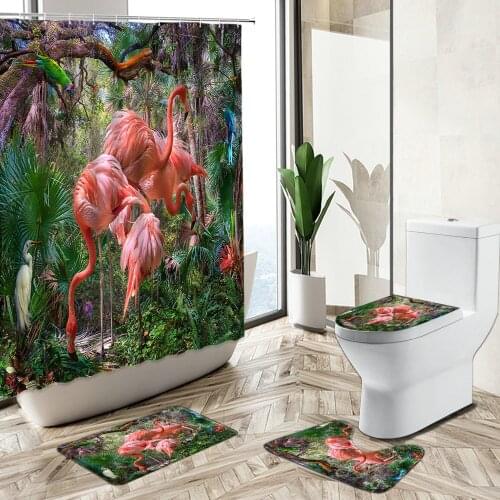 Tropical Jungle Flamingo Shower Curtains Green Plants Flowers Summer Scenery Home Non-Slip Carpet Toilet Cover Floor Mat Sets
