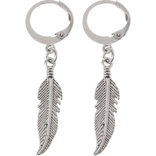 T84A Vintage Leaf Titanium Steel Feather Pendant Hoop Earrings Korean Jewelry Unisex