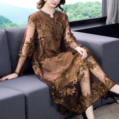 2020 Fall Spring Woman Clothing , Female 4xl 5xl Long Embroidery Flower Full Sleeve Dress , Womens Vintage Loose Dresses