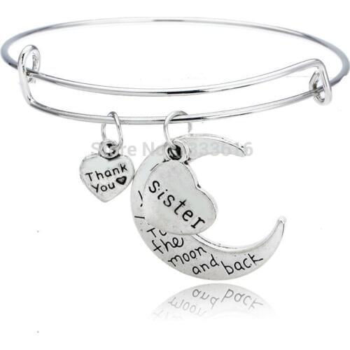 Family Love Sisters Sis Heart Pendant Bangle Love You To The Moon Thanksgiving Bracelet Women Best Friends Friendship Jewelry