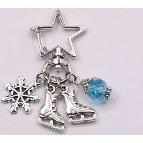 1pcs Snow Keyring With Blue Bead Key Chain Keychain Jewelry Antique Silver Ice Blades Charms Skates Pendant Winter Jewelry
