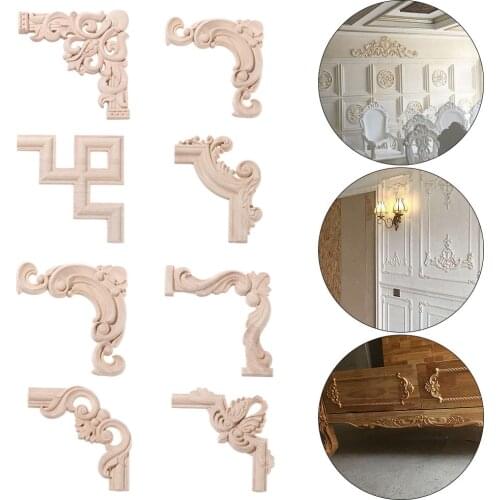1PC Unpainted Rubber Wood Carved Wave Flower Home Furniture Decorative Wood Appliques Corner Applique Onlay Decal Door Decor
