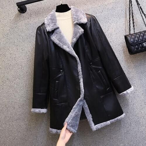 Suit Collar Plus Size Womens Jacket Coats Winter New Lamb Fur Liner Mid-Length Outerwear Long Parka PU Leather Chaqueta y1460
