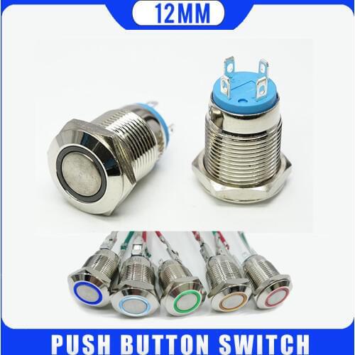1PC 12MM with LED 3V 5V 6V 12V 24V 220V Flat Head Metal Push Button Switch Momentary Auto Reset Waterproof Illuminated Switch