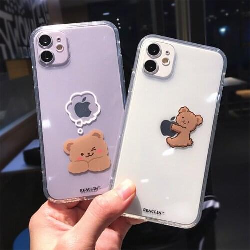 Fashion Cute Cartoon Bear Clear Phone Case For iPhone 12 Mini 11 Pro max X XR 7 8 Plus Animal Couple Transparent Soft TPU Cover