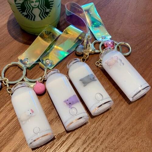 Cartoon Cute Cat Car Keychain Creative Milk Tea Cup Liquid Crystal Quicksand Sequin Key Ring Bag Pendant for Women Bag Key Chain