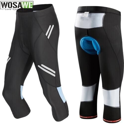 WOSAWE Mens Cycling Cropped Pants Calf-Length Reflective Bike Tights Clothing 3D Gel Padded Riding MTB Spinning Bicycle Shorts