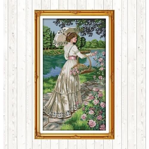 Picking Flowers Patterns Stamped Cross Stitch Sets Embroidery Kit 14ct Count Print Canvas 11ct DIY Handmade Needlework Kits DMC