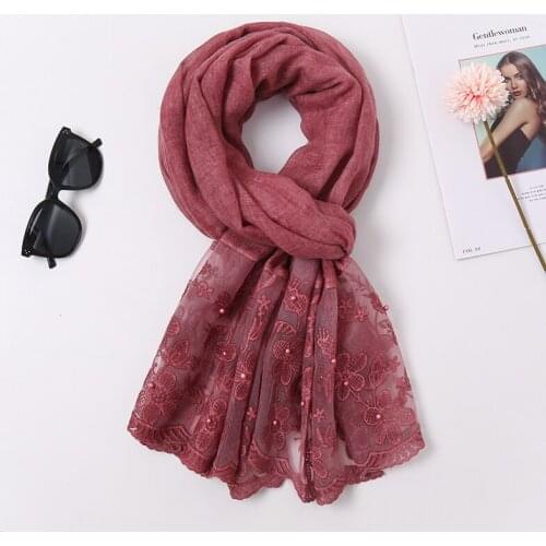 Newest Plain Embroidered Tie-dyed Cotton Scarf Floral Pearl Scarves Solid Color Muslim Women Hijab Female Islamic Headband Wrap
