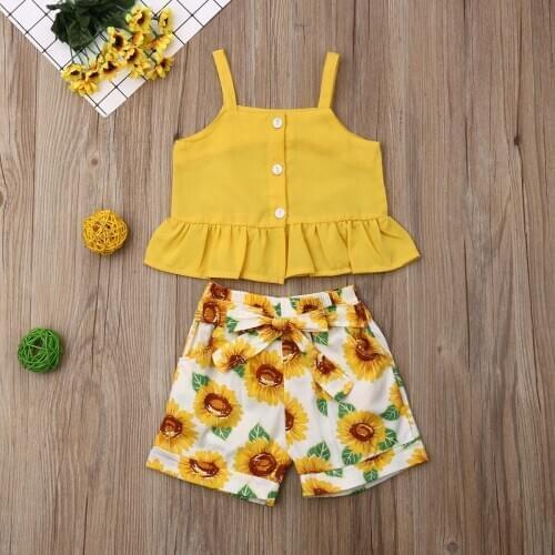 New Fashion Cute Summer Toddler Button Top Sunflower Shorts 2PCS Sets Baby Girls Ruffles T-Shirts Tops + Shorts