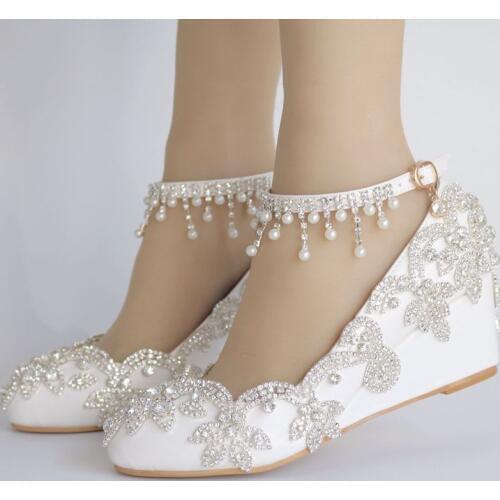 High Heels Shoes Womens Wedding Shoes PU Rhinestone Round Toe Wedges 5.5CM Wonen Pumps Fashion Office Shoes
