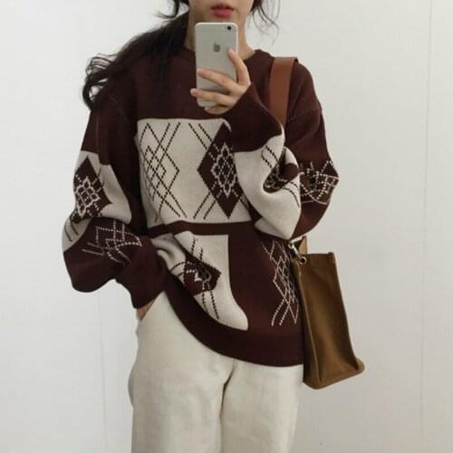 Women Autumn Winter Pullover Diamond Jacquard Knitting Sweater Female Plus Size Top Haut Pull Femme Hiver Sueter Mujer Jumper