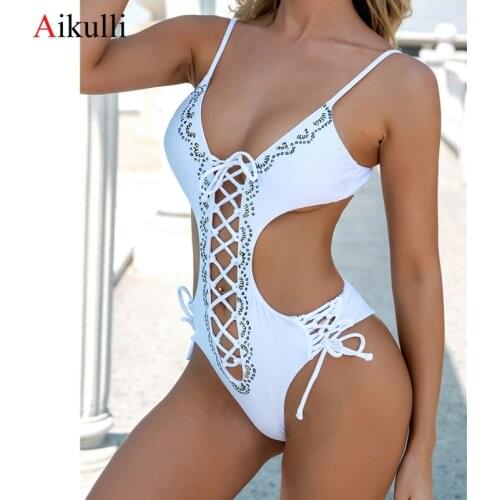 Sexy Lace Up One-Piece Swimsuits Women Swimwear 2021 Summer Beach Wear Female Hollow out Monokini Bather Bathing Suit Swim White