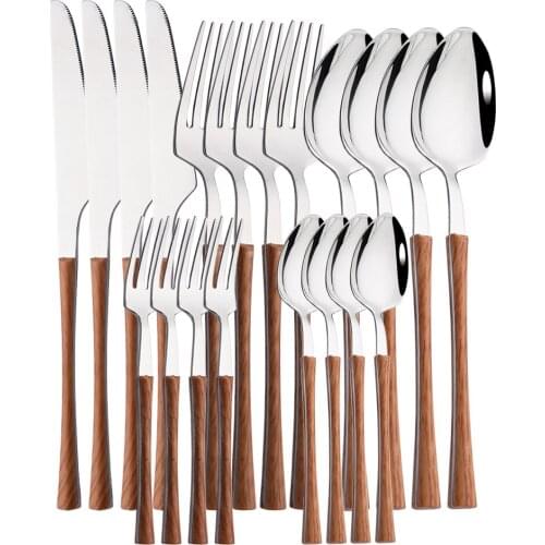 Dinner Silver Stainless Steel Imitation Wooden Handle Dinnerware Knife Coffee Spoon Tea Fork Cutlery Set Tableware Flatware