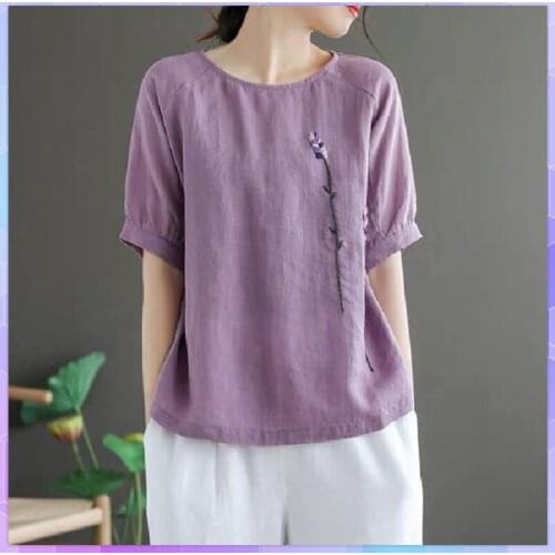 Embroidery Floral Print T-shirt Women Short Sleeved Cotton And Linen Retro T-shirts Female Clothes 2021 Summer Top Plus Size