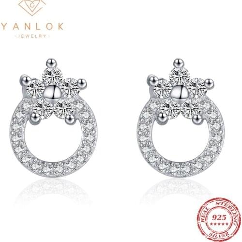 YANLOK 925 Sterling Silver Twinkle Clear CZ Star Meteor Round Circle Stud Earrings For Women Wedding Anniversary Fine Jewelry