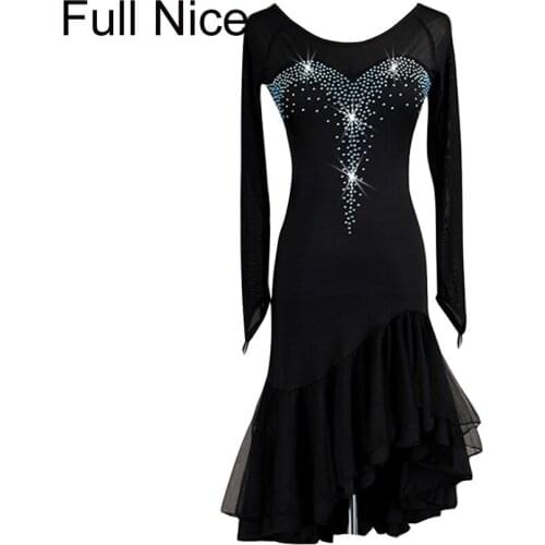 Women Girl Latin dance dresses See-through Ruffle hem One piece Dress Rumba Flamengo Salsa Samba Ballroom Dance Dress