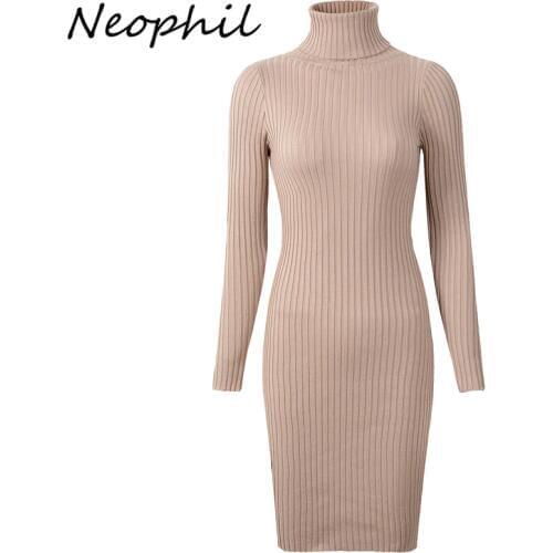Neophil 2020 Womens Winter Knitted Sheath Turtle Neck Dresses Long Sleeve Bodycon Solid Basic Sexy Mini Dresses Vestidos D1801