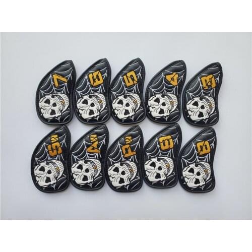 10PCS Skull Golf Head Cover Skull Golf Irons Head Cover 3-9PAS Black PU Skull Golf Irons Head Cover Free Shipping