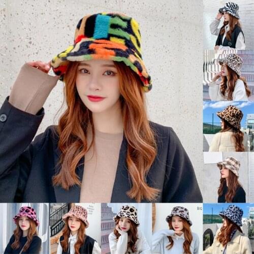 2020 New Multicolor Rainbow Faux Fur Letter Pattern Fluffy Bucket Hat Women Winter Fisherman Cap Soft Warm Plush Gorro Pescador