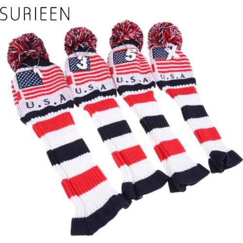 4 Pcs Knitted Golf Headcovers Golf Wood Club Head Covers Protect Set With Number 1,3,5,X Flag Style For Titleist/Callaway Driver