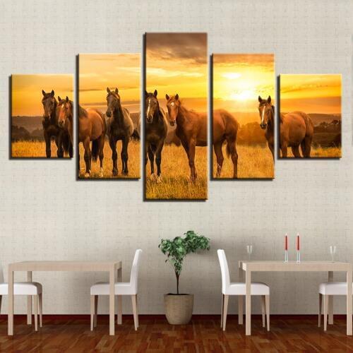 5 Pieces Horses Group Sunshine Natural Scenery Paintings Wall Art Poster HD Printed On Canvas Modular Decor Living Room Pictures