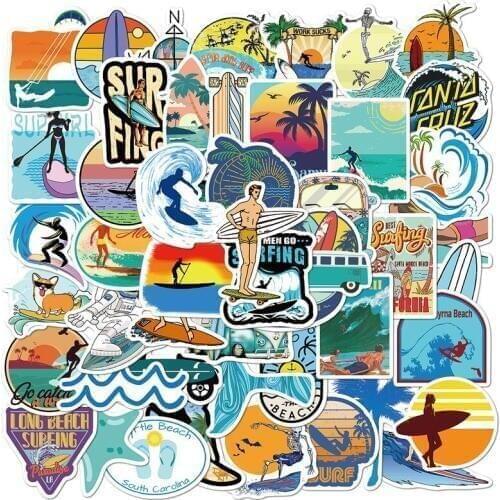50PCS Surfing Stickers Summer Sports Tropical Beach Surfing Waterproof Stickers Surfboard Car Skateboard Sticker