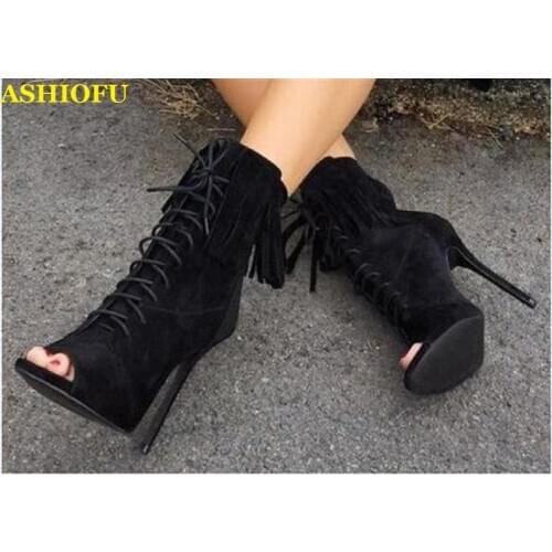 ASHIOFU Handmade Ladies High Heel Boots Fringed Lace-up Peep-toe Party Prom Ankle Boots Autumn Evening Fashion Boots Shoes