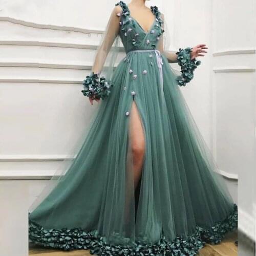 Turquoise Prom Dresses Elegant Sheer Long Sleeves A Line Handmade Flower Front Split Evening Gowns with Sash