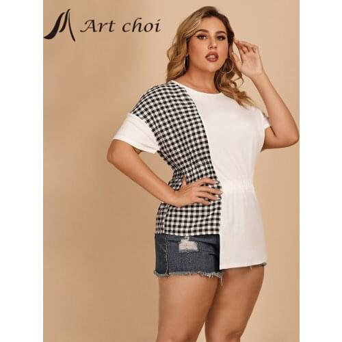 Summer Women Irregular Plaid T Shirt Sexy Casual Bodycon Short Sleeve Office Ladies Top Tee Camisa Feminina футболка Plus Size