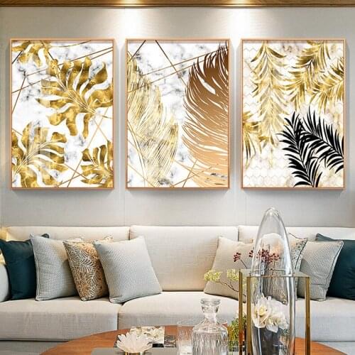 Nordic Plants Golden Leaf Canvas Painting Botanical Posters and Print Abstract Wall Art Pictures for Living Room Modern Decor