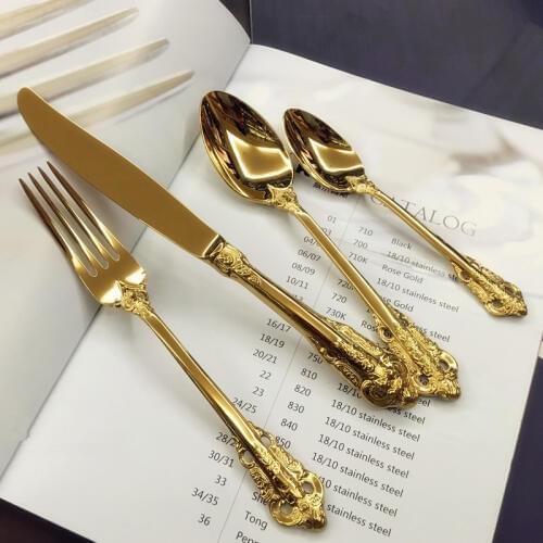 European Gilt Palace Fork Elegant Stainless Steel Knife Gold Scoop Dinnerware Set Carved Handle Designs Flatware 24pcs/6set