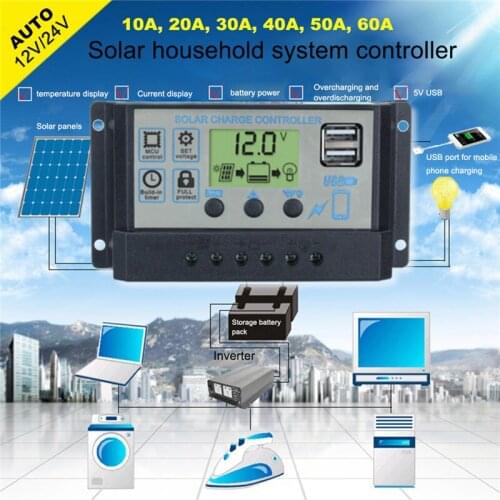 60A/50A/40A/30A/20A/10A 12V 24V PWM Controllers LCD Dual USB Auto Solar Charge Panel Controller 5V Output Solar Panel Regulator