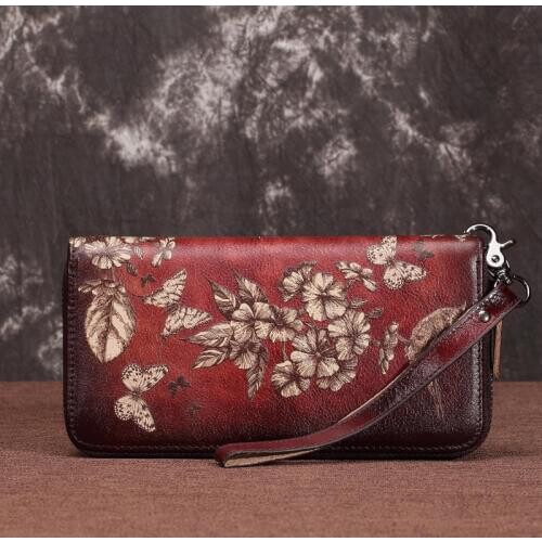 Women Wallets Credit ID Cards Zipper Bag Floral Long Money Clips Wrist Bags Clutch Handy Genuine Leather Retro Female Purse