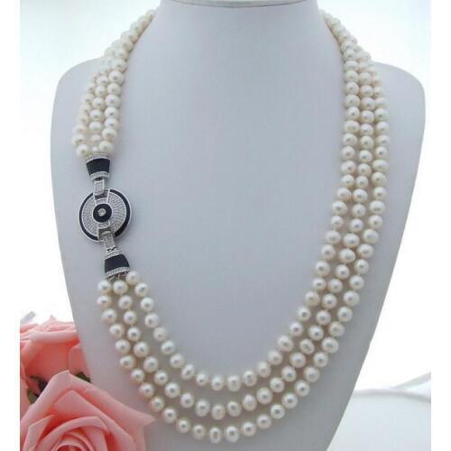 Beautiful 3Row 8-9 mm 25"-28" White Pearl Necklace