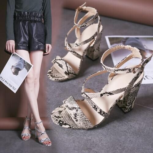 Summer New Style Womens Snakeskin Pattern With Open-Toed Sandals Ladies Fashion High Heels Female Luxury Party Shoes Size 34-43