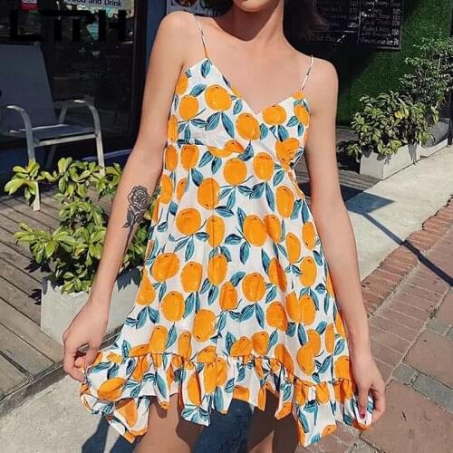 LTPH ins resort beach floral dress women irregular sleeveless camisole Ruffles Hem print elegant chiffon dresses 2021 summer new