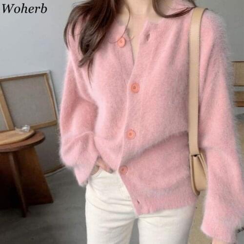 Woherb Gentle Knitted Tops Knitwear Sweet OL Streetwear Cardigan 2021 Autumn Mohair Full Sleeves Solid Cardigans Chic Sweaters