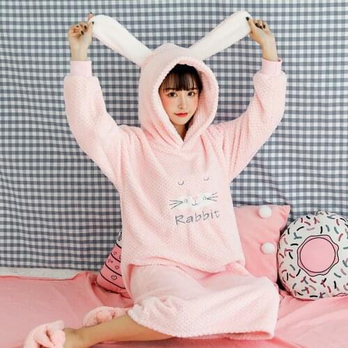 JULYS SONG Rabbit Ears Nightdress Winter Sleepwear Warm Thicken Flannel Nightgown Sweet Pink Cute Woman Cartoon Animal Homewear