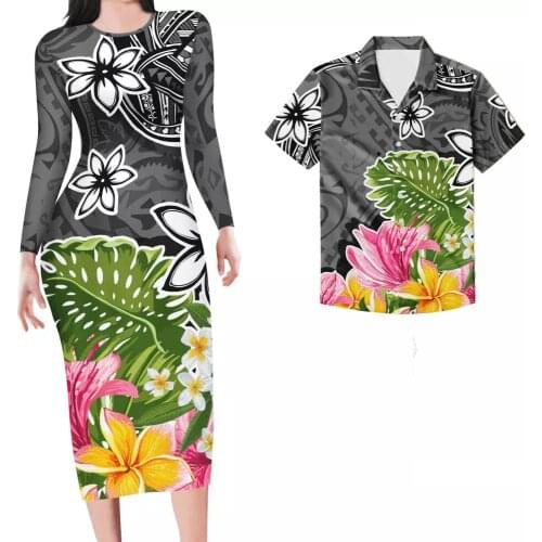 HYCOOL Wholesale Items For Business Women Fall Long Dress Hawaiian Hibiscus Floral Print Bodycon Maxi Dresses Match Mens Shirts