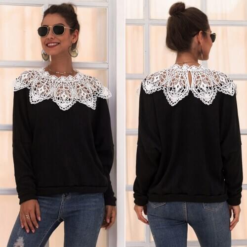 Autumn Women Blouse O-Neck Long Sleeve Splicing Lace Blouse Women Elegant Hollow Out Loose Shirt
