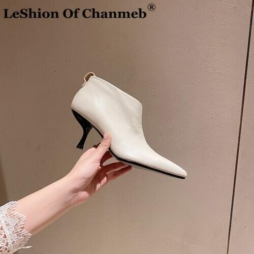 Small Size 33 Genuine Cow Leather Boots for Women Black Nude White Heels Pointed Toe Booties Woman Zipper Short Boots Ladies 43