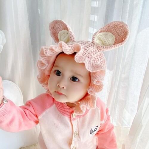 Toddler Baby Girl Hat Knitted Skullies Beanies Ruffles Rabbit Ears Lace Up Hat Autumn Winter Warm Kids Hats and Caps Accessories