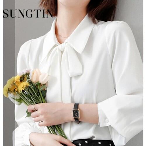 Sungtin Fashion Bow Tie Chiffon Blouse Women White Elegant Korean Female Shirt Vintage Lantern Sleeves Blouse 2021 Spring Autumn