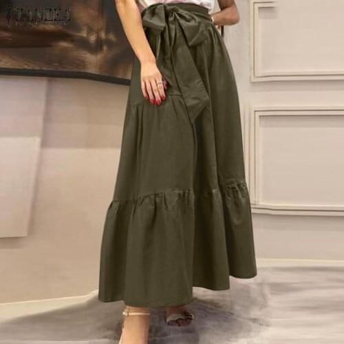 ZANZEA Women Summer Skirts Elegant High Waist A-linen Skirt Jupe Female Bow Tie Long Faldas Saia Casual Solid Ruffles Skirts