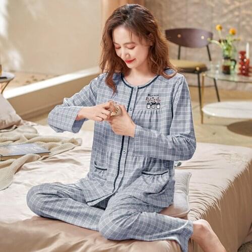 Women Round Neck Plaid Pajamas Set Big Yards Pijamas Mujer Autumn Sweet Cute Princess Long Sleeve Cardigan Nightwear Homewear