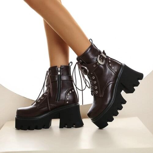 Cross Tied Ladies New Knight Boots Fashion Metal Buckle Zipper Mid Calf Boots Rivet Platform High-Heel Womens Shoes Black Brown